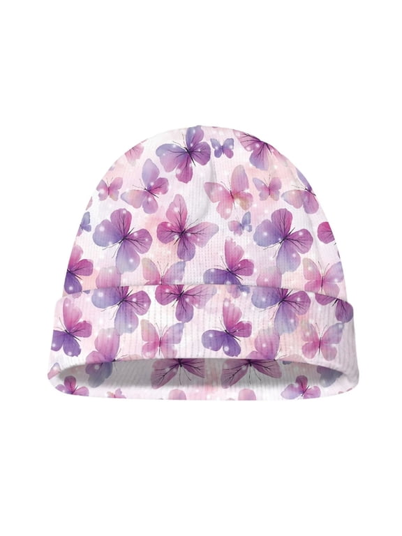 Kids Winter Hat Pink Butterfly Print Beanie Caps Soft Toddler Hats Thermal Windproof Hat for Boy Girl Kid