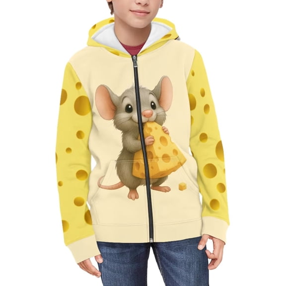 Psesaysky Kids Yellow Cheese Mouse Hoodies for Boys Girls Zip Up Hooded Toddler Sweatshirt Cozy Warm Winter Jacket for Teen Girl 11-13 Years