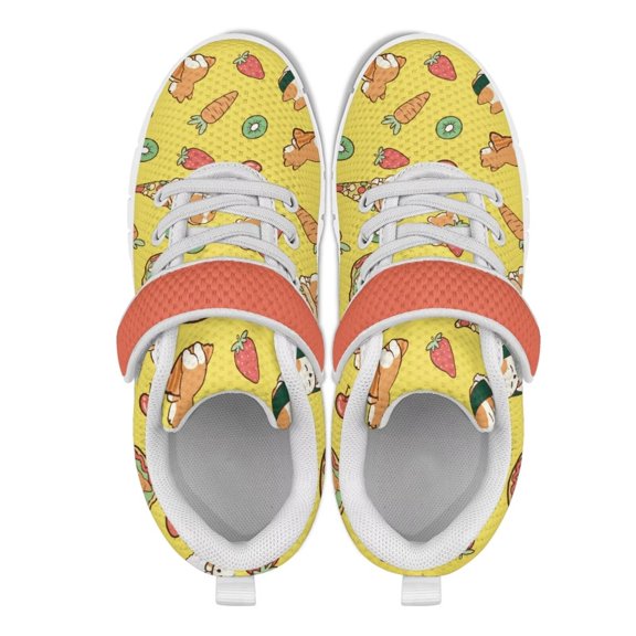 Psesaysky Kids' Yellow Sneakers Lightweight Breathable Sport Shoes for Kids Hook & Loop Sneakers with Cartoon Cat and Fruits