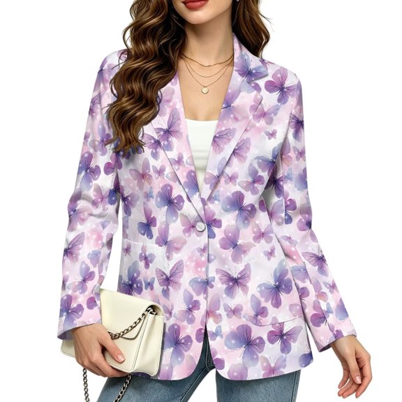 Psesaysky Ladies Purple Butterfly Holiday Blazer for Women Work Office Suit Jackets, Open Front Long Sleeve Business Blazer with Pockets, Plus Size One Button Trendy Fall Winter Outerwear Outfits