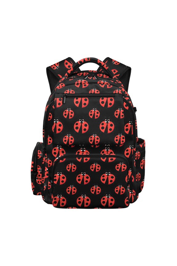 Ladybug Print 17 Inch Bookbag, Breathable Lightweight 600D Polyester Rucksack for Elementary School Travel and Hiking