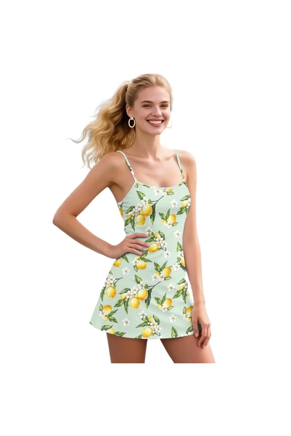 Lemon Floral Print Golf Dress for Women Sleeveless Tennis Dresses with Shorts and Pockets Spaghetti Strap Tropical Workout Athletic Dresses, Size S