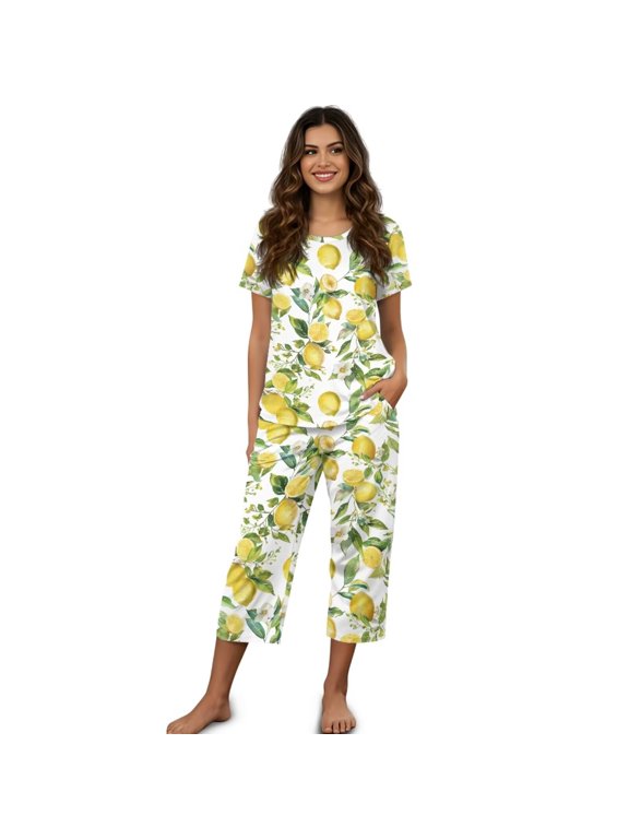 Lemon Flowers Pajama Sets for Women Plus Size Short Sleeve, Pj Set Round Neck Sleepwear with Capri Pants Casual Loungewear S-4XL