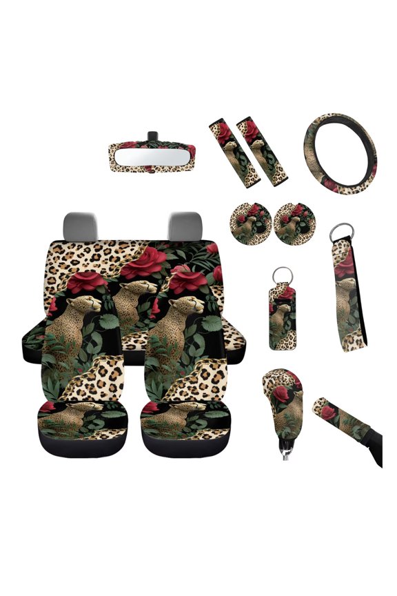 Leopard Car Seat Covers Full Set 14 Pieces Auto Accessories Universal Fit Flower Steering Wheel Cover Leopard Seat Belt Pads Coasters Flower Keychain for Truck SUV Van