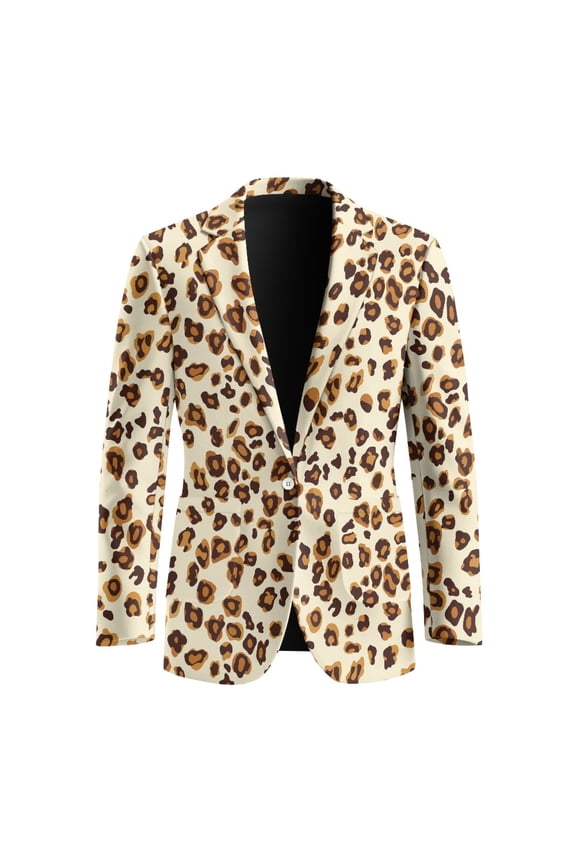 Leopard Print Slim Fit Sport Coat, One Button Polyester Men's Suit for Business Office