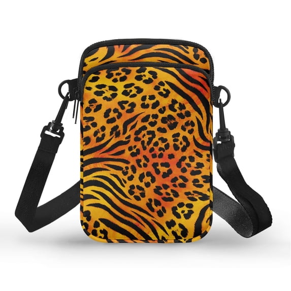 Psesaysky Leopard Tiger Print Cell Phone Purse Wallet, 2 Layer Adjustable Strap Crossbody Bag for Hiking Running