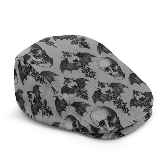 Psesaysky Light Newsboy Flat Cap for Golf Camping, Black-White Skull & Bat Repeat Pattern Polyester Soft Beret Hat Lightweight