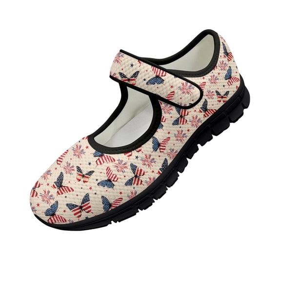 Psesaysky Lightweight Breathable Hook & Loop Shoes for Girls Women American Flags and Butterflies Casual Shoes Anti-Slip Durable Printed Shoes