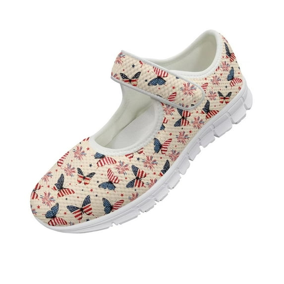 Psesaysky Lightweight Breathable Hook & Loop Shoes for Girls Women American Flags and Butterflies Casual Shoes Anti-Slip Durable Printed Shoes