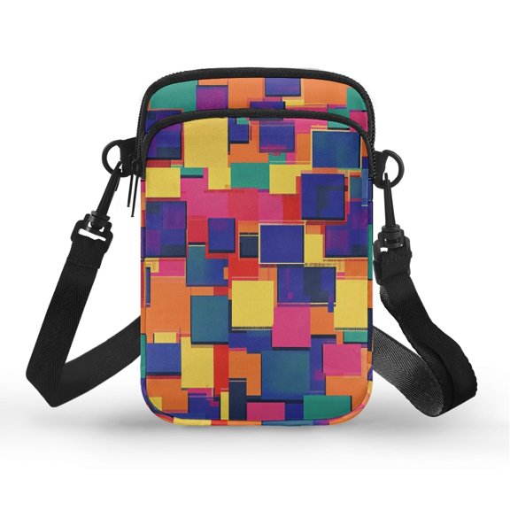 Psesaysky Lightweight Cellphone Crossbody Bag for Flight Work, Polyester Adjustable Strap Mini Crossbody Bags, Color Block Geometric Pattern