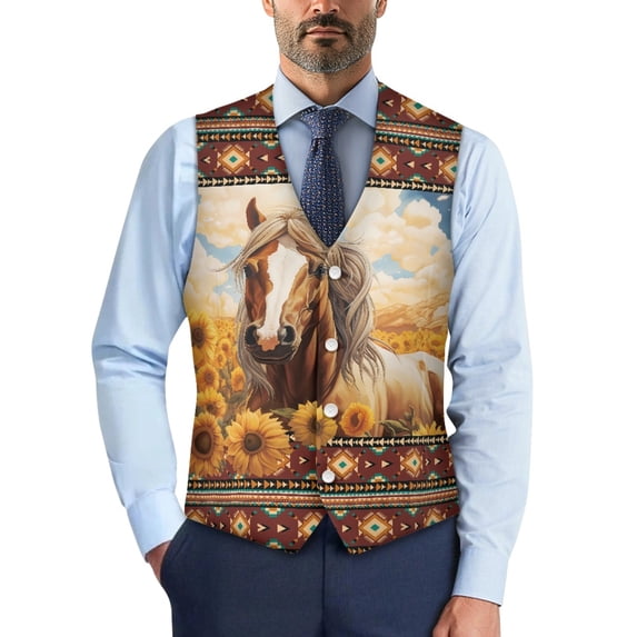 Psesaysky Lightweight Men's Suit Vest for Party Business Woven Fabric Slim Fit Waistcoat, Horse in Sunflower Field Print
