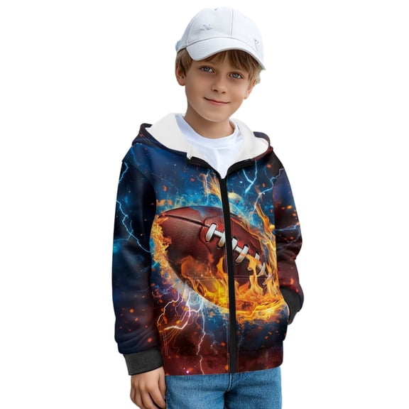 Psesaysky Little & Big Boys Full Zip Up Hoodie American Football Fire Print Hoodies Jacket for Boy, Kids Long Sleeve Hooded Fashion Sweatshirt, Size L