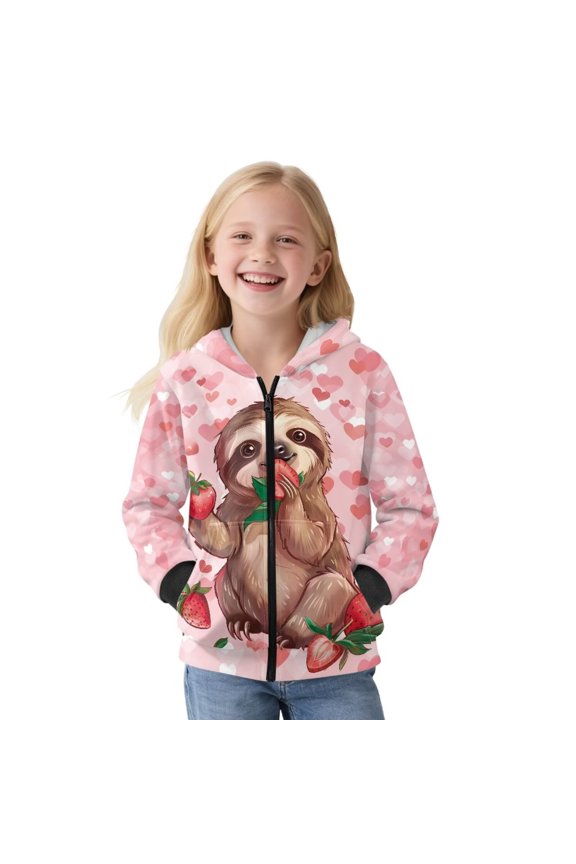 Little & Big Girls Full Zip Up Hoodie Sloth Strawberry Print Pink Hoodies Jacket for Girl, Kids Long Sleeve Hooded Fashion Sweatshirt, Size XL