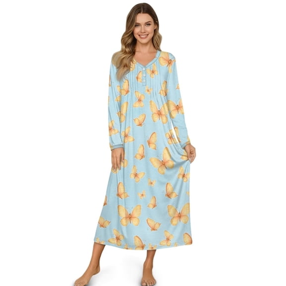 Psesaysky Long Nightgown Button Down Women's Long Sleeve Sleepwear Yellow Butterfly Print House Dress Soft Comfy Night Dress for Ladies, XL