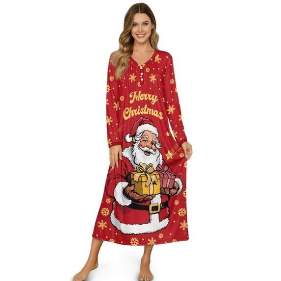 Psesaysky Long Nightgowns for Women Merry Christmas Santa Claus Print Soft Night Gown Long Sleeve Ladies Nightgowns Sleepwear Full Length Sleep Dress, 4XL