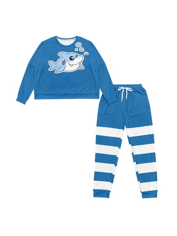 Long Sleeve Pajamas for Sleepwear Nightwear, Crewneck Comfy Jogger Pants Pajama Sets, Cute Cartoon Shark
