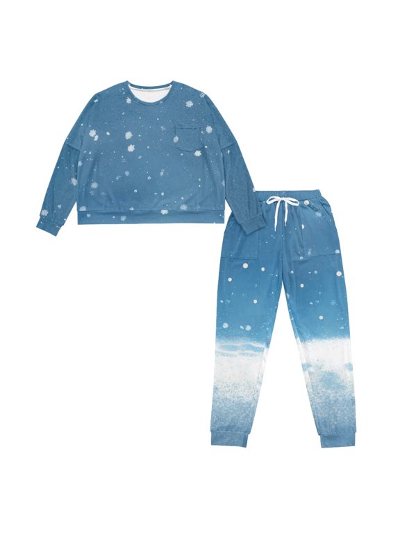 Long Sleeve Womens Pajama Sets, Snowflake Crewneck Women's Pajama Sets for Sleepwear Home