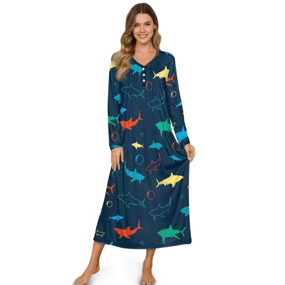 Psesaysky Loose Nightgowns for Women Color Sharks Print Long Sleeve Sleepwear V Neck Nightshirt Winter Soft Comfy Pajama Dress, 2XL