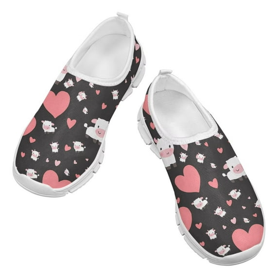Psesaysky Love Heart Cow Printed Sneakers for Child Girls Soft Lightweight Breathable Slip-on Loafers Size 11-15