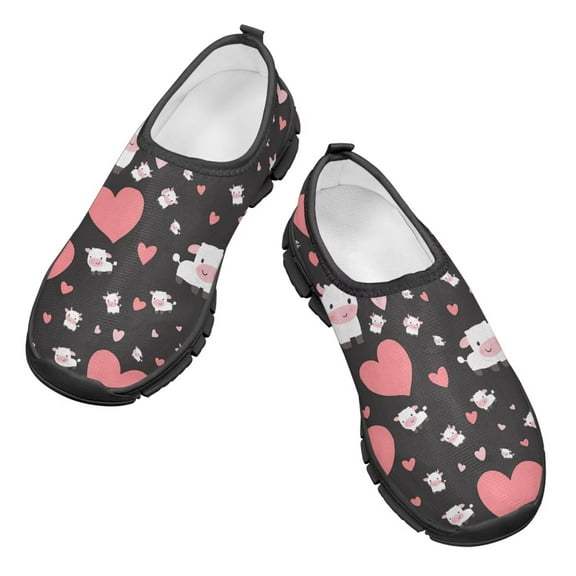 Psesaysky Love Heart Cow Printed Sneakers for Child Girls Soft Lightweight Breathable Slip-on Loafers Size 11-15