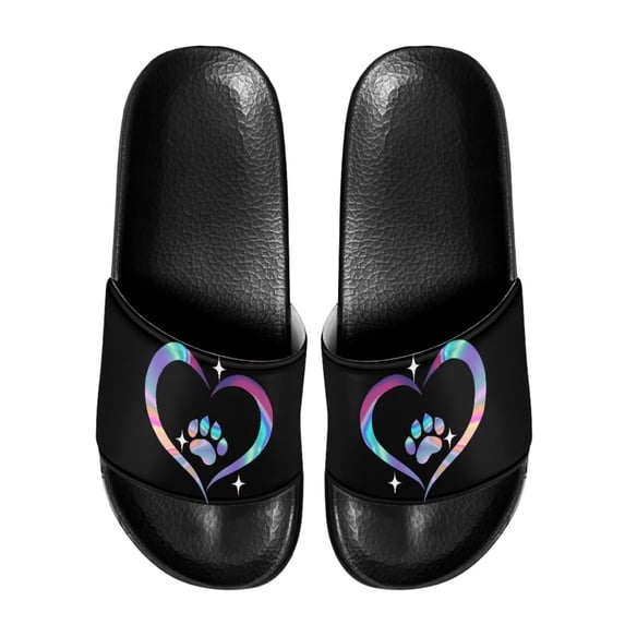 Psesaysky Love Heart Pattern Black Slide Sandals for Women Comfortable Durable Bathroom Beach Sandals Size 6-13.5