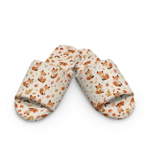 Psesaysky Lovely Fox Print Open Toe House Slippers for Women Men Soft Cotton Indoor Slippers Comfortable Slip On Bedroom Shoes, Size 10.5-11.5