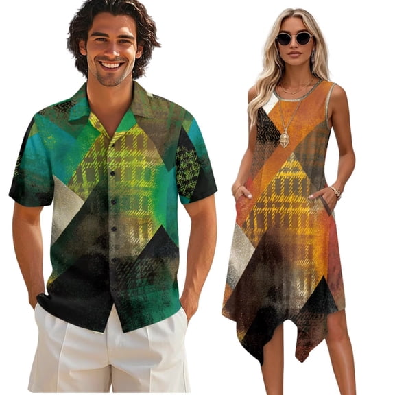 Psesaysky Matchable Couple Hawaiian Outfit Retro Pattern Short Sleeve Shirts or Plus Size Flared Tank Dress His and Her Summer Beach Aloha Shirts and Sleeveless Sundress with Pockets