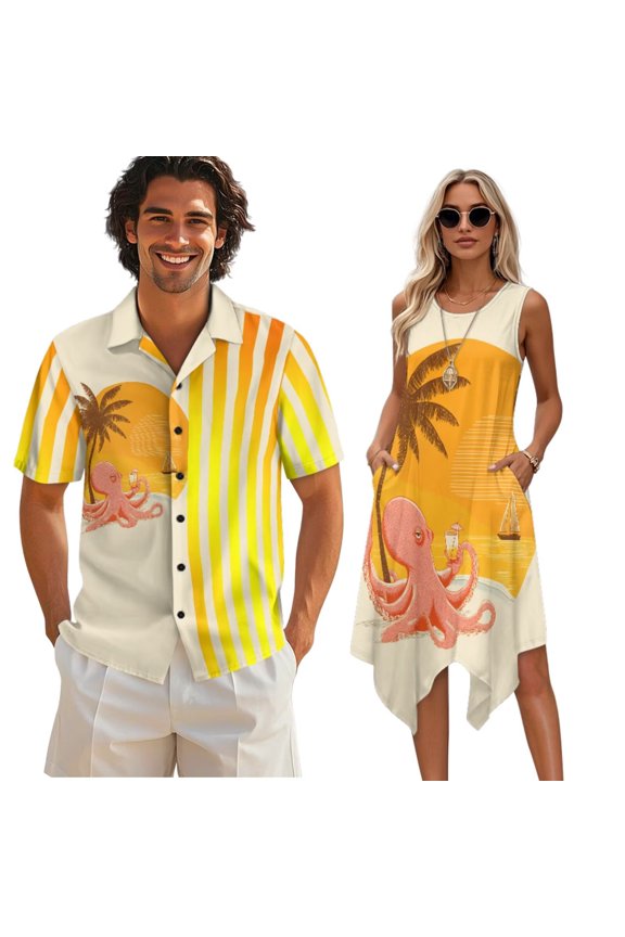 Matching Couple Outfit Mens Summer Short Sleeve Shirts Womens Sleeveless A Line Tank Sundress with Pockets 2026 Beach Vacation Couple Luau Outfit,Octopus Orange Sunset Print