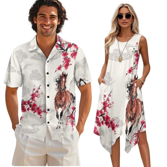 Psesaysky Matching Hawaiian Couple Outfit Japanese Style Horse Print Mens Button Down Aloha Shirts Womens Sundress Sleeveless A Line Flowy Tank Dress with Pockets