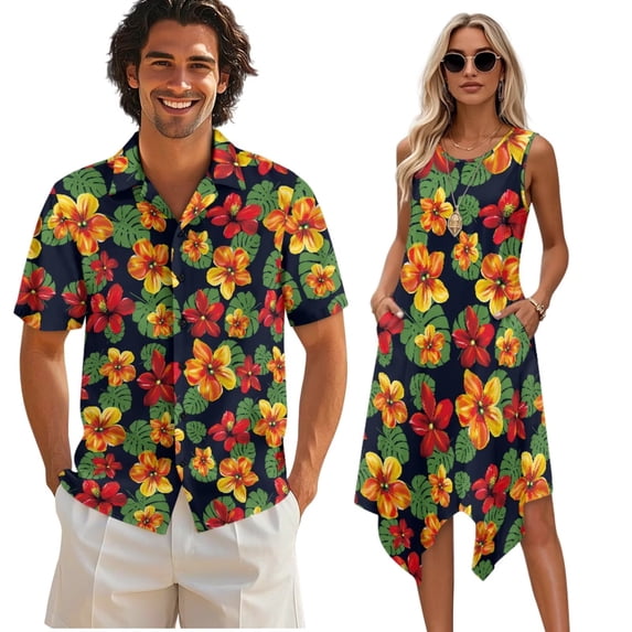 Psesaysky Matching Hawaiian Couple Outfit Red Hibiscus Plumeria Print Mens Button Down Aloha Shirts Womens Sundress Sleeveless A Line Flowy Tank Dress