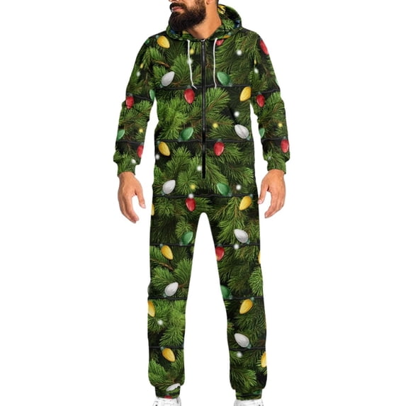 Psesaysky Men's Novelty One-Piece Pajamas Christmas Tree Lights Pattern Onesie Halloween Costumes Loose Fit Soft Comfortable Sleepsuit for Pajamas Party, Size L