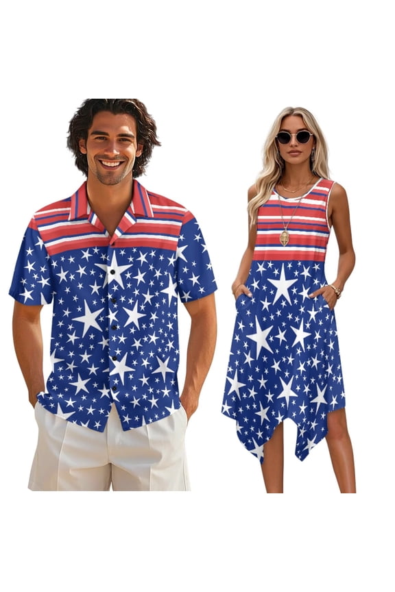 Men’s Tropical Shirts American Flag Stripe Causal Short Sleeve Buttons Shirts 4th of July Couples Matching Clothes for Husband Matching Hawaiian Clothes Plus Size