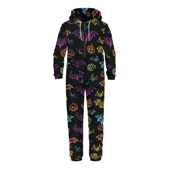 Psesaysky Mens Onesie Pajamas Hooded Color Bat Pumpkin Halloween Onesie Unisex Adult Zip Up Jumpsuit Loose Fit One Piece Pajamas for Women Men Couple Cosplay, Size S