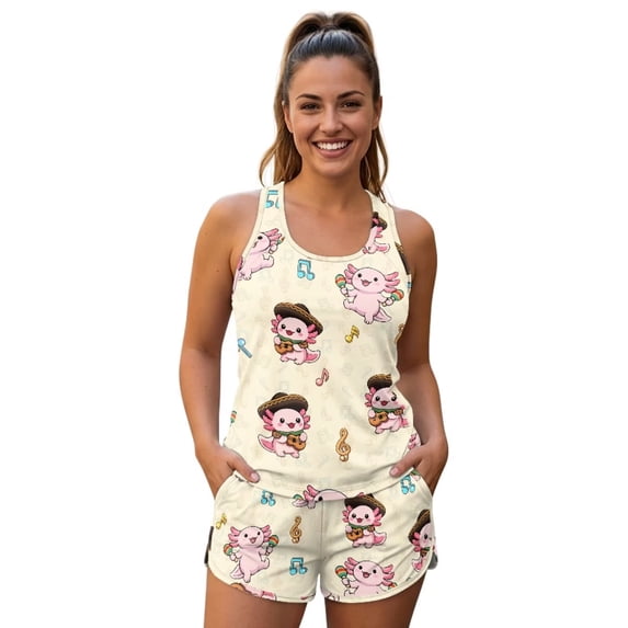 Psesaysky Mexican Axolotl Musician Two Piece Bathing Suits for Women Tummy Control Tankini Swimsuits Wide Straps Tank Tops and Athletic Yoga Shorts for Running