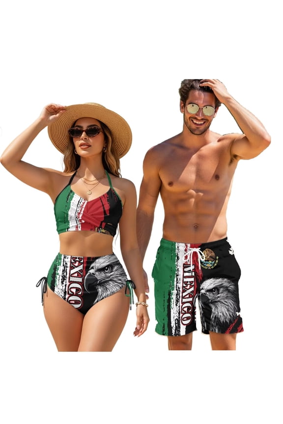 Mexico Eagle Swimsuits for Couples Tummy Control Bikini Sets for Women Mens Summer Board Shorts Vintage Couples Swimwear Couples Matching Bathing Suits