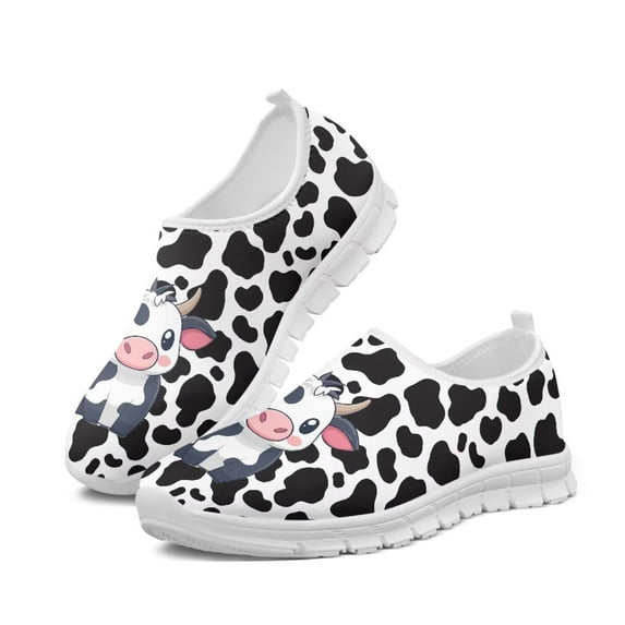 Psesaysky Milk Cow and Cow Print Sneakers for Ladies Slip on Casual Shoes Anti-Slip Shock-Absorbing Loafers Light and Breathable Dress Shoes