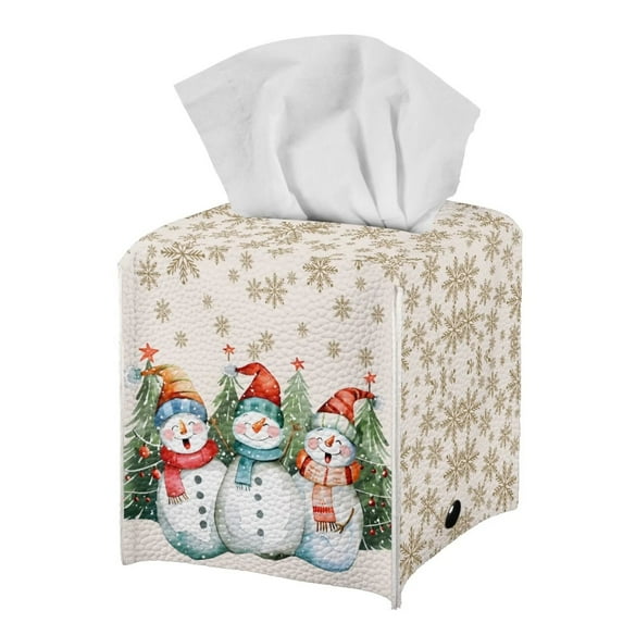 Psesaysky Modern Tissue Box Cover Square PU Leather Car Tissue Holder Waterproof Facial Paper Organizer Dispenser for Bathroom, Vanity Countertop, Tabletop, Kawaii Snowman
