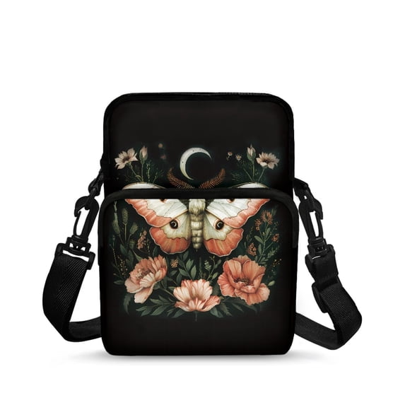 Psesaysky Moth Moon Floral Cross Body Bags, Lightweight Stretch Polyester Sling Satchel for Daily Commute and Travel