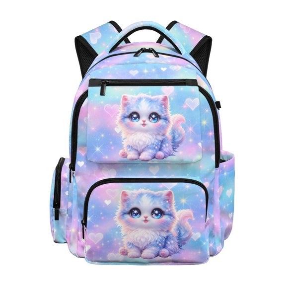 Psesaysky Multi Pocket Bookbag for School Camping, 600D Polyester Padded Straps Backpack, Cute Sparkly Cartoon Kitten Pattern