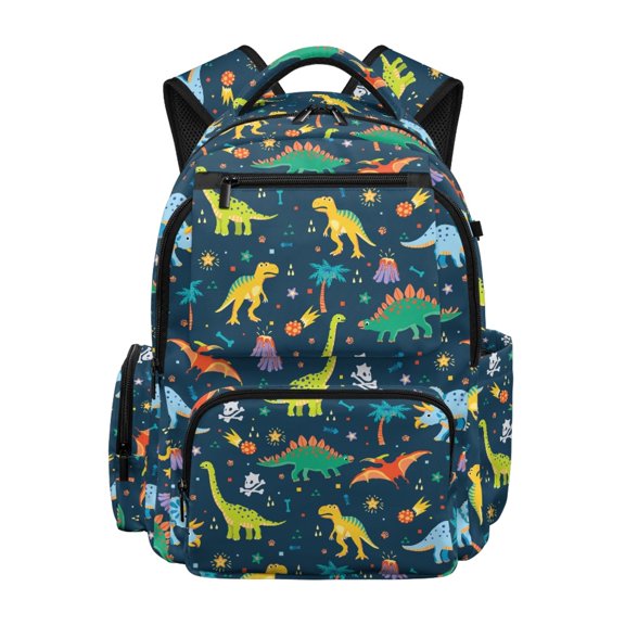 Psesaysky Multi-Pockets Students School Bag for Back to School Daily Use, 600D Polyester Padded Book Bag, Cartoon Dinosaur & Tropical Element Print