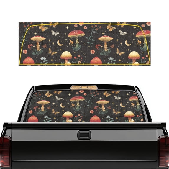 Psesaysky Mushroom Butterfly Moon Pattern Vinyl Pickup Car Window Stickers, 66.9 x 22.4 Inch Perforated Easy Installation Truck Rear Window Decal for Most Pickup Trucks