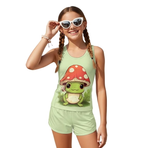 Psesaysky Mushroom Frog Tankini Swimsuits for Girls Modest Tank Tops with Shorts 2 Piece Bathing Suits for Teens Girl 6-15 Years