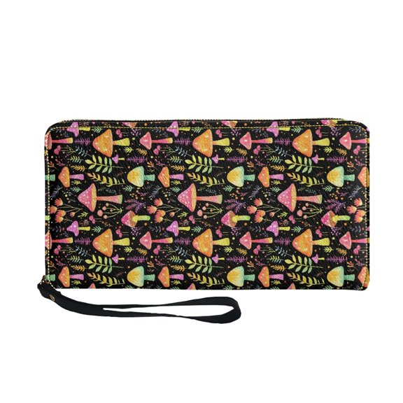 Psesaysky Mushroom Pattern Long Purse, Waterproof PU Leather Long Wallet for Travel Beach, Zipper Women's Wallets