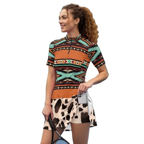 Psesaysky Native African Aztec Stripe Golf Tennis Dress for Women Sun Protection Sport Workout Dresses Zip Up Short Sleeve Golf Outfits with Shorts and Pockets