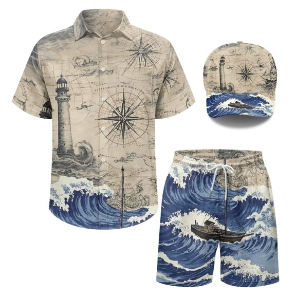 Psesaysky Nautical Lighthouse Map Men’s Summer Beach Outfit,Retro 70s 80s Tracksuit for Men,2Piece Shorts Set Button Down Shirts and Shorts Hats for Daily Wear