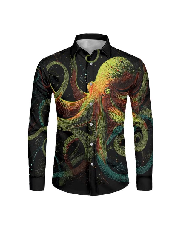 Nautical Octopus Graphic Shirt for Men Athletic Shirt Workout Casual Blouse Long Sleeve Tops Hawaiian Nautical Shirts Men's Breathable V-neck Travel T-shirt Ocean Squid Lovecraft Tees