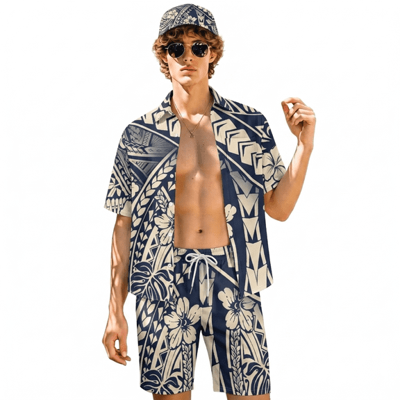 Psesaysky Navy Polynesian Tribal Print Button Down Shirts and Shorts,2 Pieces Outfits for Men,Summer Beach Outfit Causal Airport Holiday Attire Sets