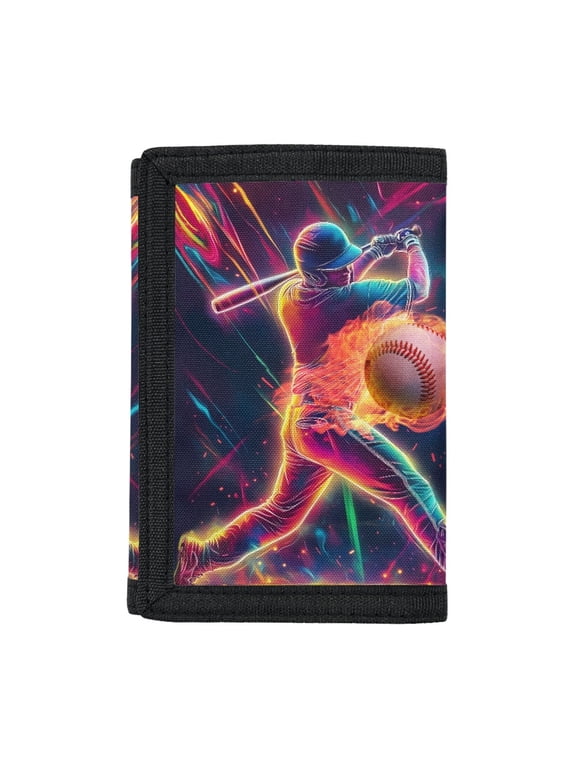Neon Baseball Trifold Card Wallet, Elastic Polyester Slim Compact Children's Coin Bag for Boys Daily Use and Outdoor Trips