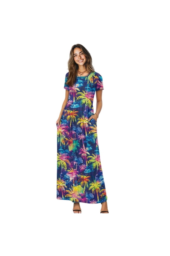 Neon Tropical Palm Print Wrinkle Resistant Short Sleeve Maxi Dress, Loose Fit Sweat Wicking Polyester and Spandex Women Long Maxi Dress for Summer