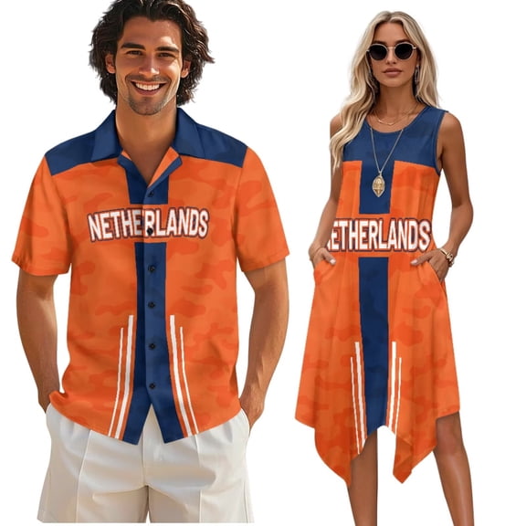 Psesaysky Netherlands Mens Hawaiian Shirts Button Down Shirts Matched with Womens Sleeveless Flared Tank Dress Beach Summer Sundress Beach Vacation Couple Matching Luau Outfit